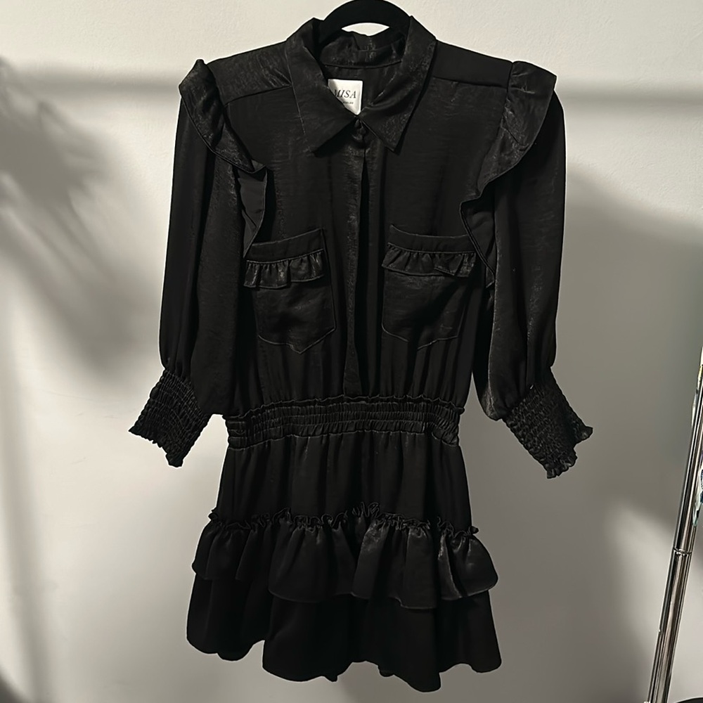 Black MISA silk ruffle dress